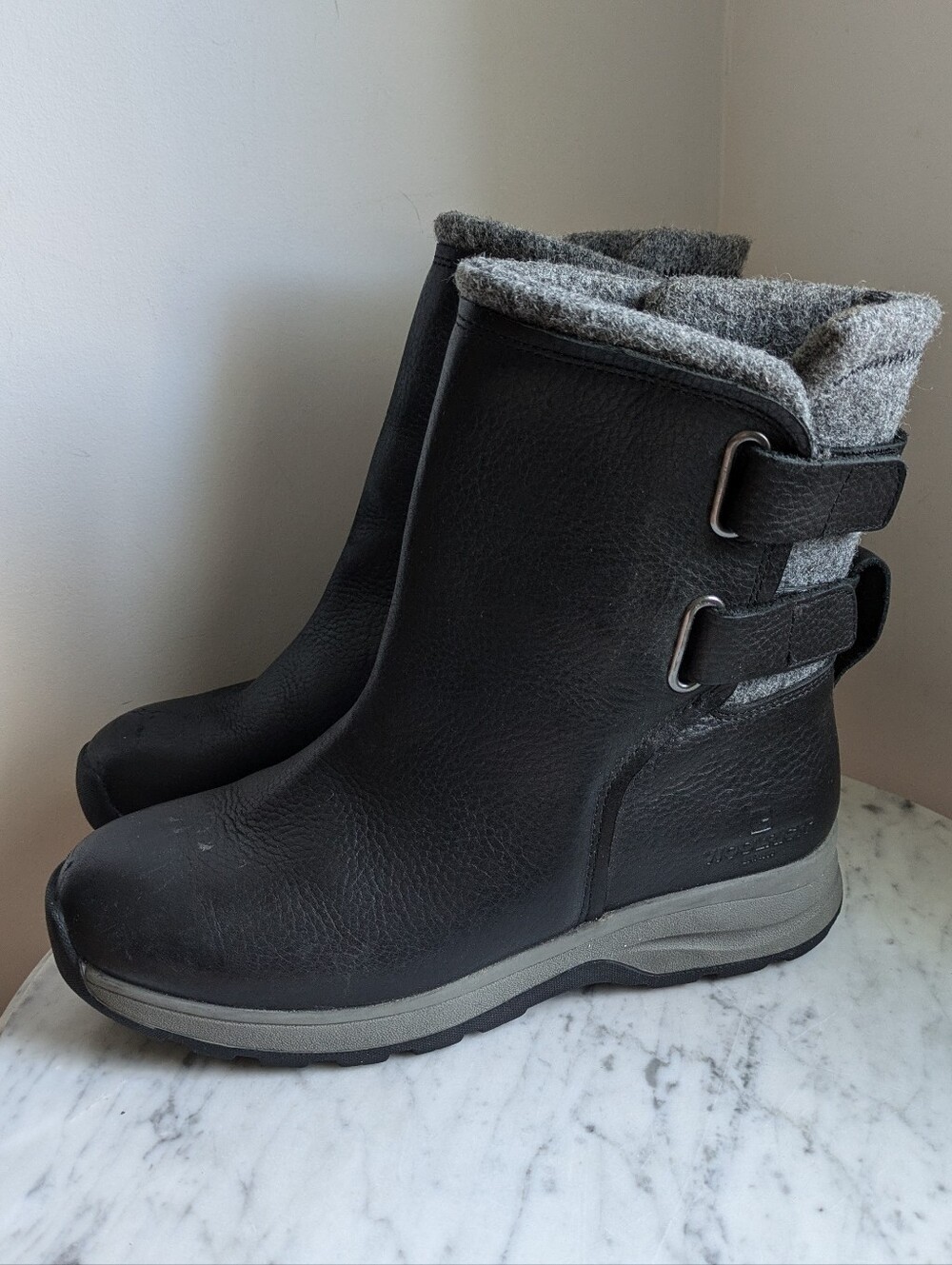 Woolrich Black Leather Winter Boots with Gray Wool Collar & Lining Size 8
